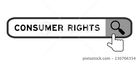 Search banner in word consumer rights with hand over magnifier icon on white background 130766354