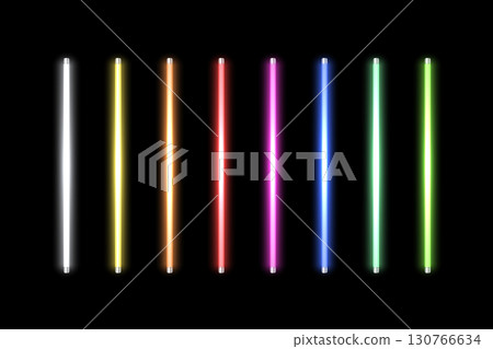 Neon led light tubes set on gray background. Fluorescent glowing white, yellow, orange, red, pink, blue, green, lime led lamps vector illustration. Realistic 3d color laser vertical lights set 130766634