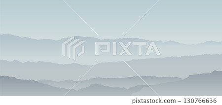 Mountain abstract graphic background. Minimal gray hills landscape vector illustration. Serene landscape of layered mountains in shades of grey blue fading into distance under clear sky 130766636