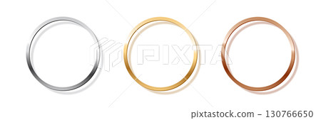 Gold, silver, bronze circle award frames 3d vector realistic illustration. First, second, third place medals isolated on white background. Winners trophy. Blank shiny badge, banner, label 130766650