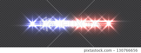 Police or ambulance car siren flare lights on transparent background. Blue and red emergency lamps in darkness. Realistic patrol vehicle flashers vector illustration 130766656