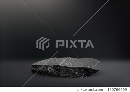 Stone podium background. Rock stand product display. Natural black marble pedestal on dark wall for product placement. Modern minimal cosmetic design. Fashion beauty realistic vector illustration 130766669