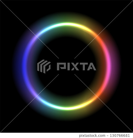 Neon light laser circle in white, yellow, red, pink, blue and green colors. Vector night realistic electric fluorescent led light bar isolated on black background. 130766681