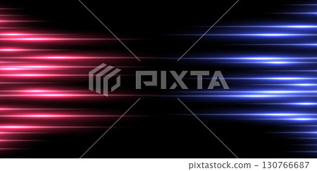 Red and blue neon light horizontal lines on black background. Glowing futuristic shiny pattern. Bright rays on dark background. Abstract vector illustration 130766687