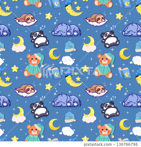 Cute seamless pattern with sleeping animals, moon and stars on blue background 130766798