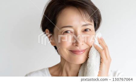 一個女人用毛巾擦臉 一個女人用毛巾擦臉 130767064