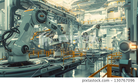 Futuristic AI-powered factory with robotic arms 130767096