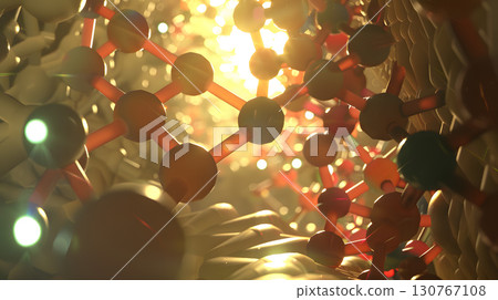 A glowing 3D illustration of a complex biochemistry 130767108