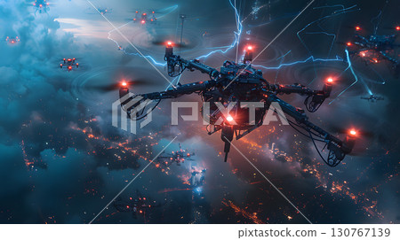 AI-powered drone swarm forming a protective shiel 130767139