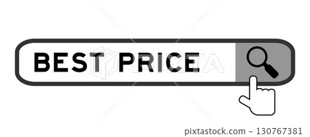 Search banner in word best price with hand over magnifier icon on white background Search banner in word best price with hand over magnifier icon on white background 130767381