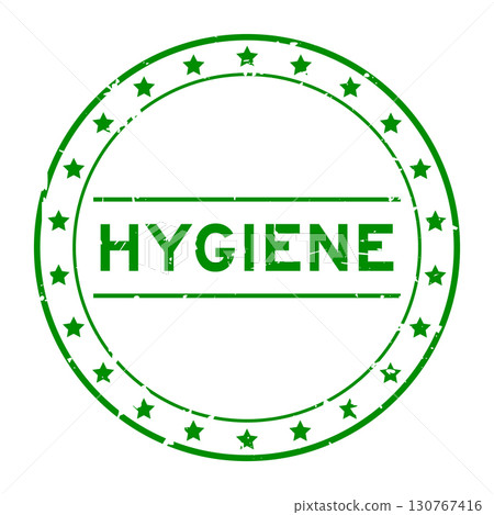 Grunge green hygiene word round rubber seal stamp on white background 130767416