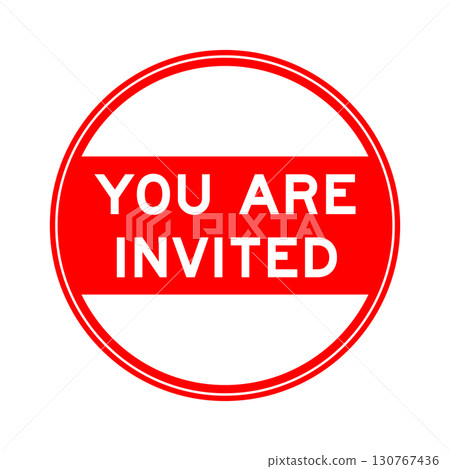 Red color round seal sticker in word you are invited on white background 130767436