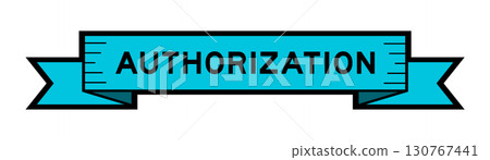 Blue ribbon label banner with word authorization on white background 130767441