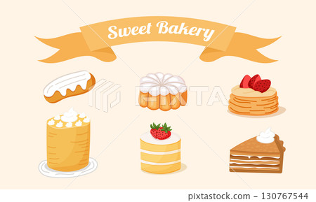 Sweet bakery desserts set with cake and pastries Sweet bakery desserts set with cake and pastries 130767544