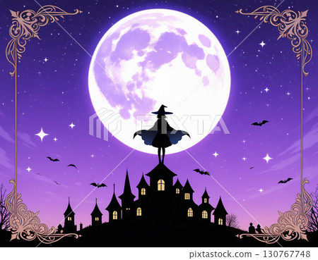 Halloween frame background | Illustration of a witch and a full moon floating in the night sky 130767748