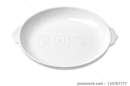 Empty white porcelain dish with handles on transparent background 130767777