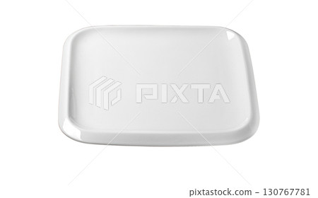 Empty white square plate on transparent background, perfect for presenting culinary creations 130767781
