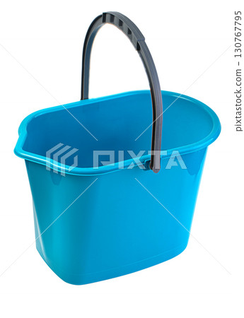 Light blue plastic bucket with gray handle on transparent background 130767795