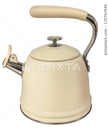 Beige metal kettle with chrome details on transparent background 130767846