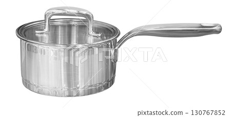 Stainless steel cooking pot with glass lid on transparent background 130767852