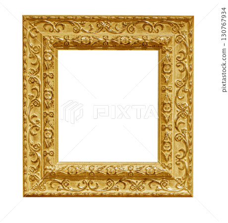 Ornate gold picture frame with transparent background isolating the empty space 130767934