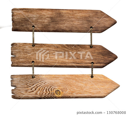 Three hanging wooden arrows pointing right on transparent background 130768008