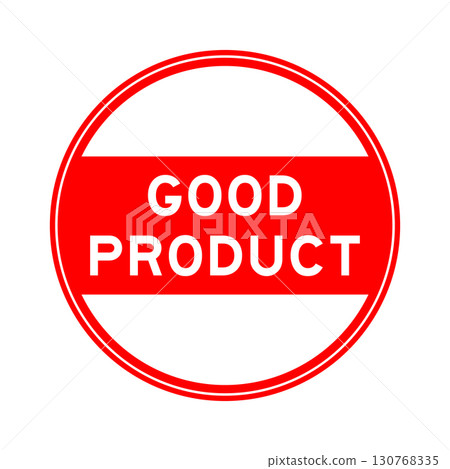 Red color round seal sticker in word good product on white background 130768335