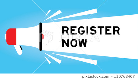 Color megaphone icon with word register now in white banner on blue background 130768407