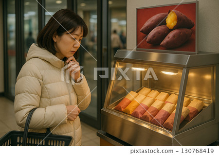 A housewife wondering whether to buy roasted sweet potatoes at the supermarket 130768419