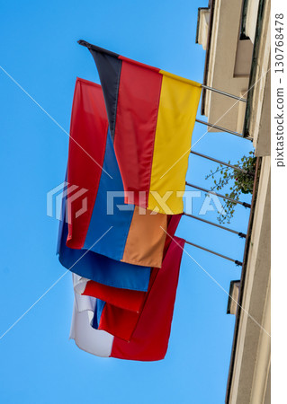 Various flags on a building, Czech republic 130768478