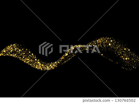 Flowing abstract wave of sparkling golden glitter particles on black background 130768502