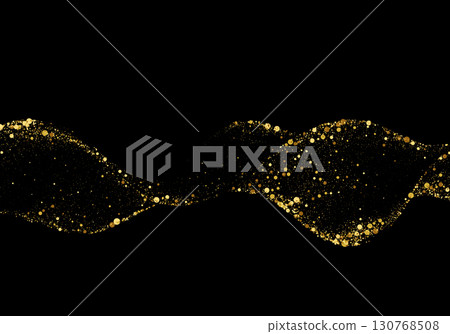 Elegant golden shiny wave curves smoothly on deep black background. 130768508