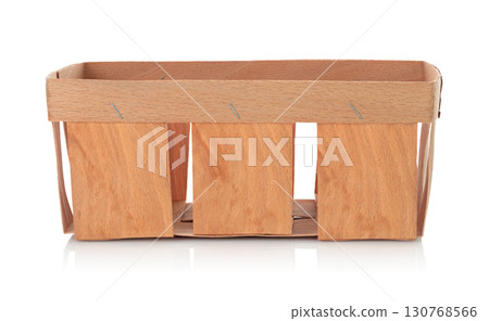 Empty fruit tray made of thin wooden plywood, isolated on transparent background, full focus. Minimal rustic container, natural eco packaging and storage solution 130768566