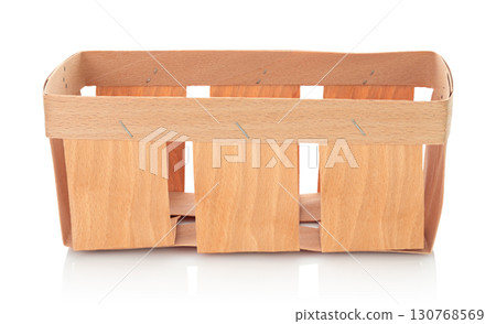 Empty fruit tray made of thin wooden plywood, isolated on transparent background, full focus. Minimal rustic container, natural eco packaging and storage solution 130768569