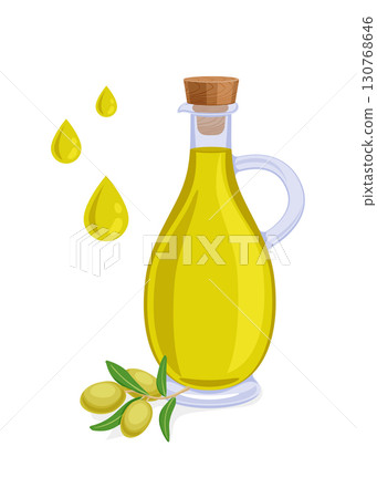 Olive oil in a glass bottle, a branch of olives with green leaves and a drop, isolated on a white background, stock illustration. 130768646