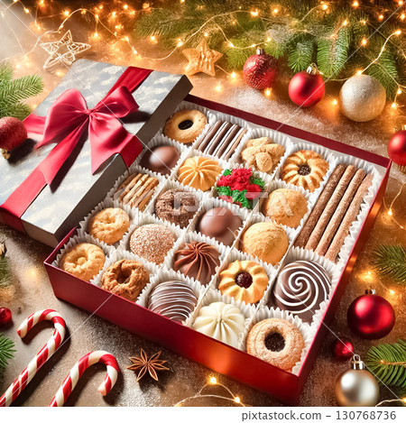 A beautifully designed holiday gift box filled with an assortment of handcrafted cookies and biscuits, presented in a festive setting with seasonal decorations. 130768736