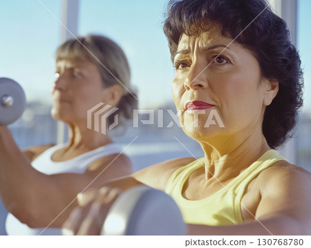 Confident older woman lifting dumbbells in a sunny studio setting. Excellent for promoting healthy aging, women’s fitness, and active living content. 130768780