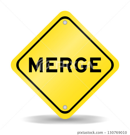 Yellow color transportation sign with word merge on white background 130769010