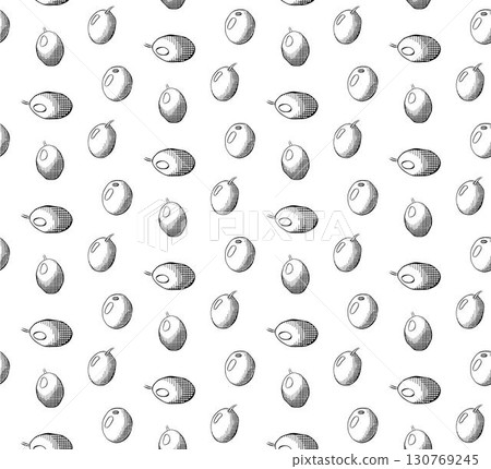 Olive berries seamless pattern. Vector graphic line ink illustration. Fresh Greek berries. Italian oil vegetables, oliva. texture for bedsheets, pajamas, wrapping papers. 130769245