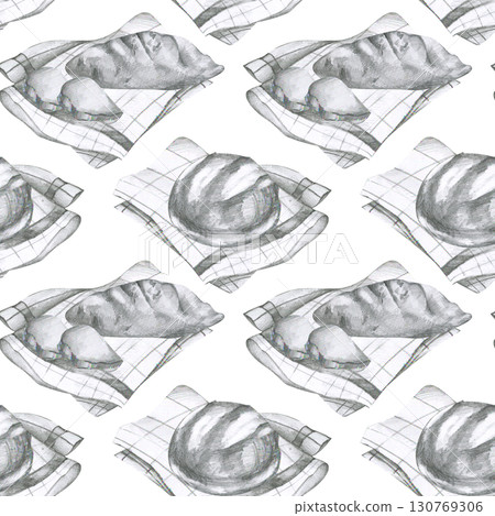 Fresh bread loaf on white checkered towel seamless pattern. Hand drawn pencil background with bakery product, food for breakfast clipart. Textile, fabric, wrapping paper template design 130769306