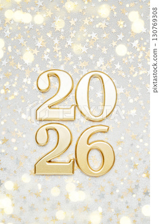 Holiday background Happy New Year 2026. Numbers of year 2026 made by gold candles on bokeh festive sparkling background. celebrating New Year holiday, close-up. Space for text 130769308