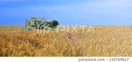 Tank on the field of yellow wheat and blue sky. The concept of war in Ukraine. Ukraine flag colors concept Tank on the field of yellow wheat and blue sky. The concept of war in Ukraine. Ukraine flag colors concept 130769627