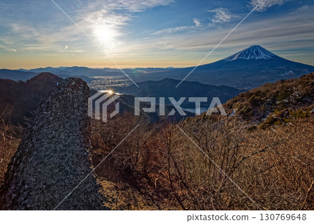 Mt. Fuji and sunrise seen from Mt. Onigatake in Misaka Mountains 130769648