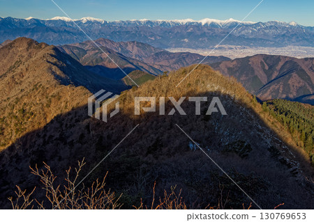 The ridgeline to the Kakekage Pass seen from the Misaka Mountains and Onigatake and the mountain range of the Southern Alps The ridgeline to the Kakekage Pass seen from the Misaka Mountains and Onigatake and the mountain range of the Southern Alps 130769653