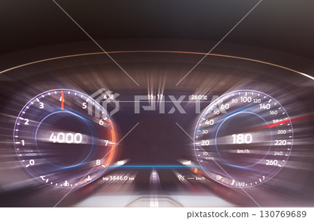 Speedometer and tachometer of modern car. Fast speed on the speedometer Speedometer and tachometer of modern car. Fast speed on the speedometer 130769689
