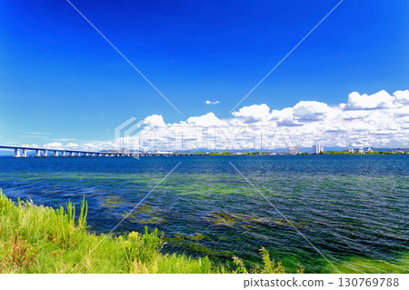 Lake Biwa Bridge and blue sky 130769788