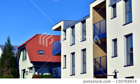 Modern elements in contemporary  architecture. Architectural details of a modern apartment building. 130769814