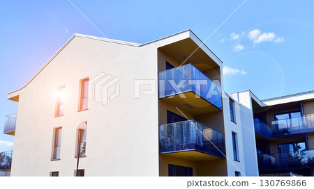 Modern elements in contemporary  architecture. Architectural details of a modern apartment building. 130769866
