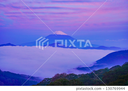 [Kanagawa Prefecture] Sea of clouds over Lake Ashi and Mount Fuji at sunrise 130769944