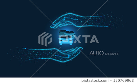 Car in the palm of your hand from triangles and luminous points on dark blue background. Concept auto insurance. Polygonal illustration. Car in the palm of your hand from triangles and luminous points on dark blue background. Concept auto insurance. Polygonal illustration. 130769968